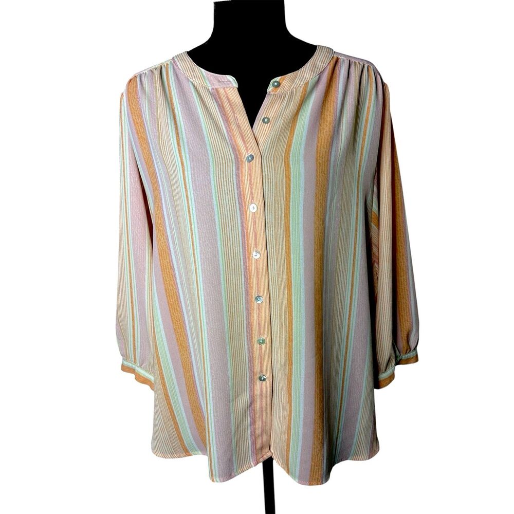 Ruby Rd Womens Multicolor Stripe‎ Blouse Sz PL Sheer Petite Cruise Vacay Resort